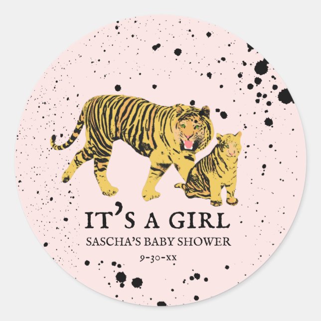 Mama Tiger Pink Girl Baby Dusche Runder Aufkleber (Vorderseite)