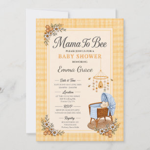 Mama to Bee Baby Shower mit blauem Karo-Kinderbett Einladung
