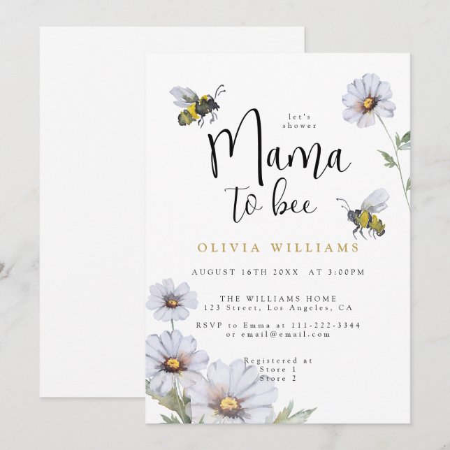 Mama to Bee Daisies Wildblume Baby Shower Einladung (Vorne/Hinten)