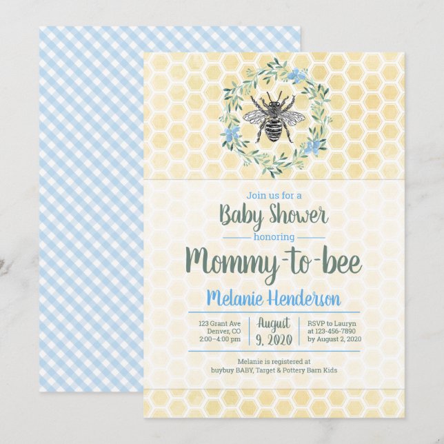 Mama to bee, Honigwabenrübe, Gingham, Baby-Dusche Einladung (Vorne/Hinten)