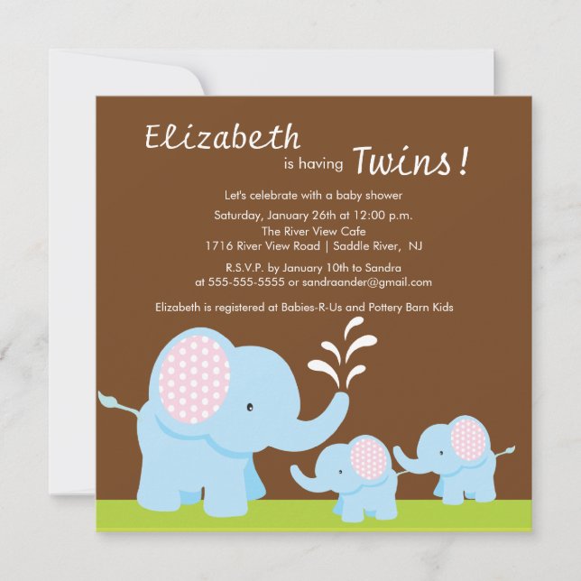 Mama & Twin Elephants Babydusche oder Mädchen Einladung (Vorderseite)