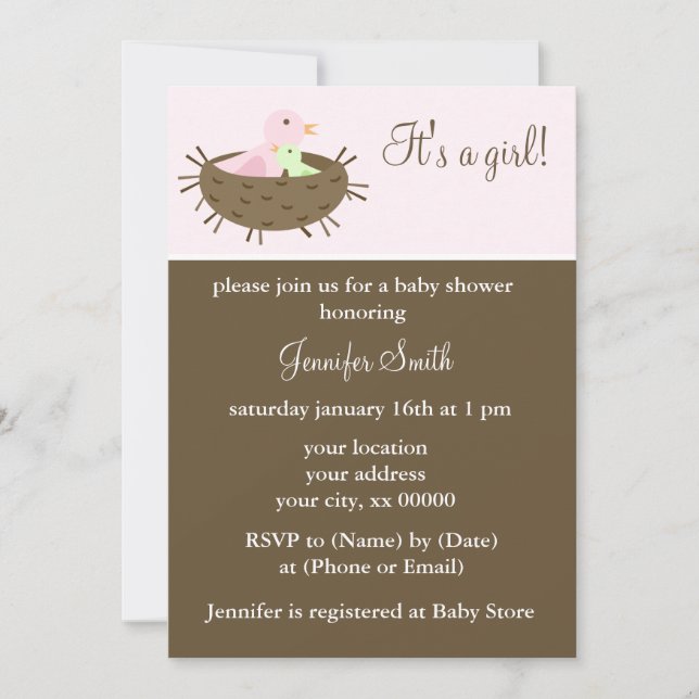 Mama und Baby Bird Girl Babydusche Einladung (Vorderseite)