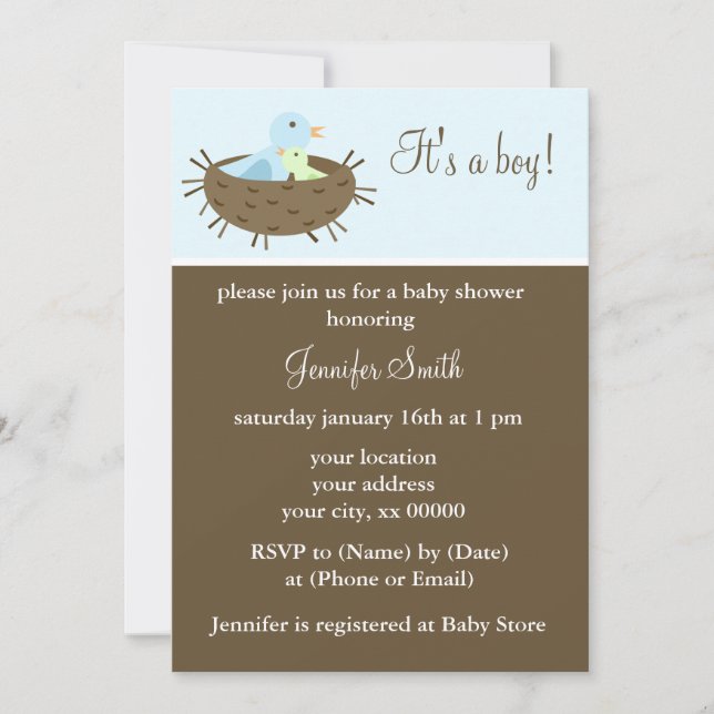 Mama und Baby Birds Boy Baby Dusche Einladung (Vorderseite)