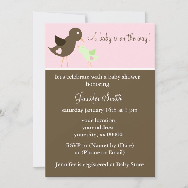 Mama und Baby Birds Girl Babydusche Einladung (Vorderseite)