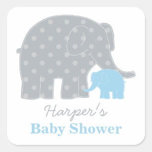 Mama und Baby Elefant Blaues Jungen Dusche Quadratischer Aufkleber