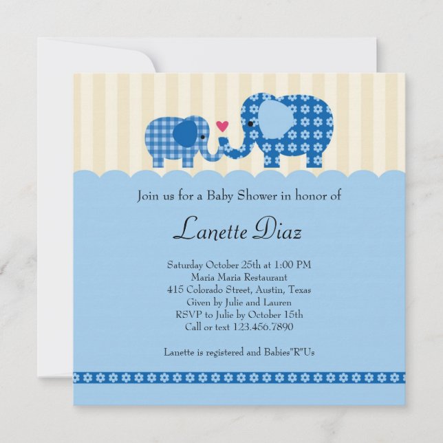 Mama und Baby Elephant Baby Boy Dusche Einladung (Vorderseite)