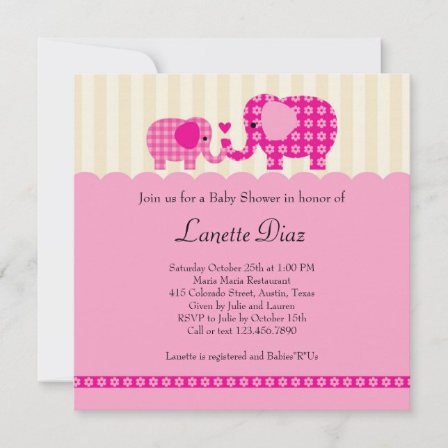 Mama und Baby Elephant Baby Girl Dusche Einladung (Vorderseite)