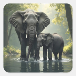 Mama und Baby Elephant im afrikanischen Regenwald Quadratischer Aufkleber