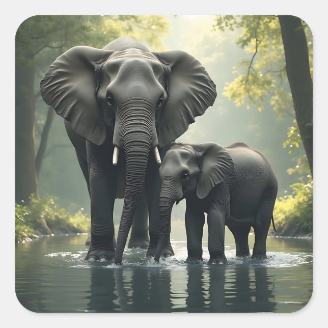 Mama und Baby Elephant im afrikanischen Regenwald Quadratischer Aufkleber (Vorderseite)