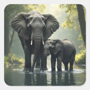 Mama und Baby Elephant im afrikanischen Regenwald Quadratischer Aufkleber