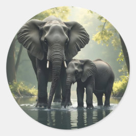 Mama und Baby Elephant im afrikanischen Regenwald Runder Aufkleber