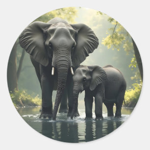 Mama und Baby Elephant im afrikanischen Regenwald Runder Aufkleber