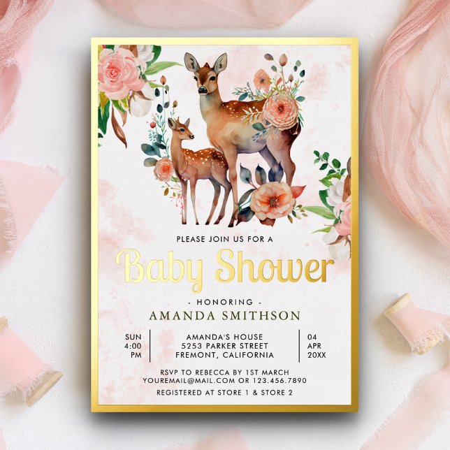 Mama und Baby Floral Deer Baby Shower Gold Folieneinladung (Von Creator hochgeladen)