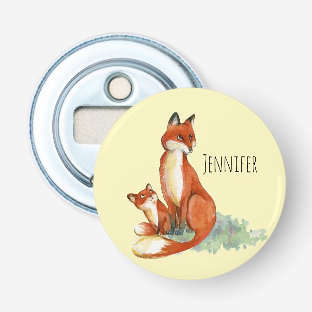 Mama und Baby Fox Niedliche Aquarellbilder Flaschenöffner (Vorderseite)