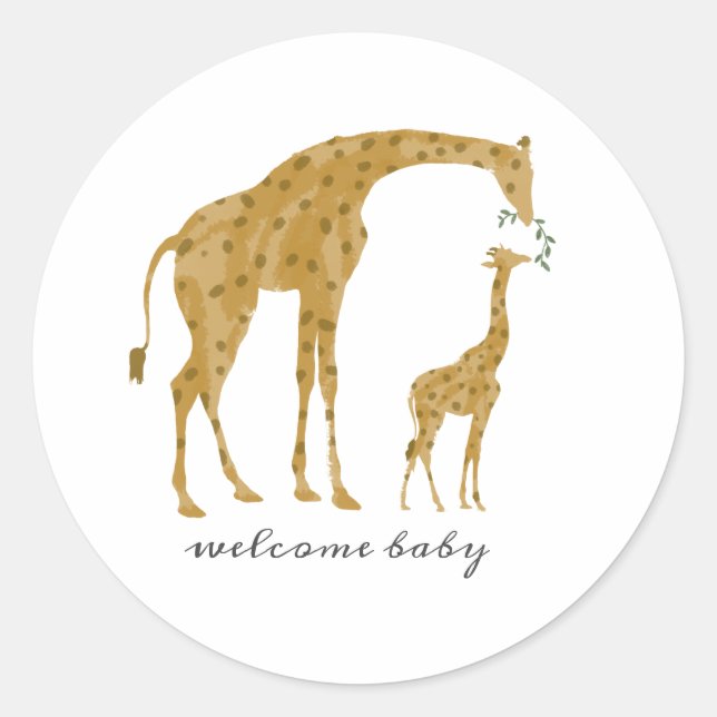 Mama und Baby Giraffe Fütternd Kinderdusche Runder Aufkleber (Vorderseite)