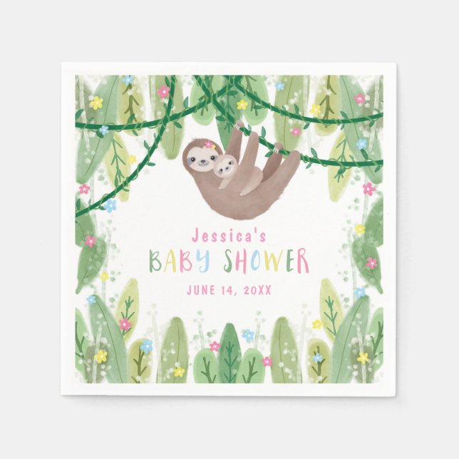 Mama und Baby Girl Sloth Dschungel Thema Serviette (Vorderseite)