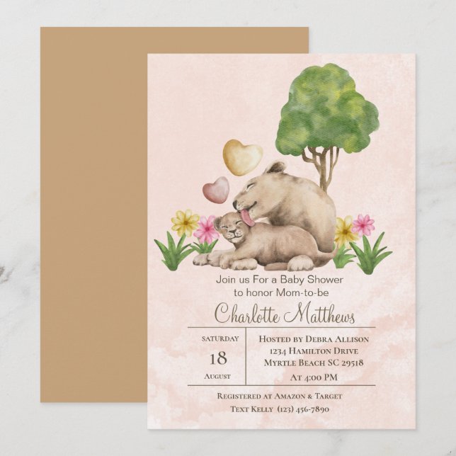 Mama und Baby Lion Jungle Sarfari Babydusche Einladung (Vorne/Hinten)