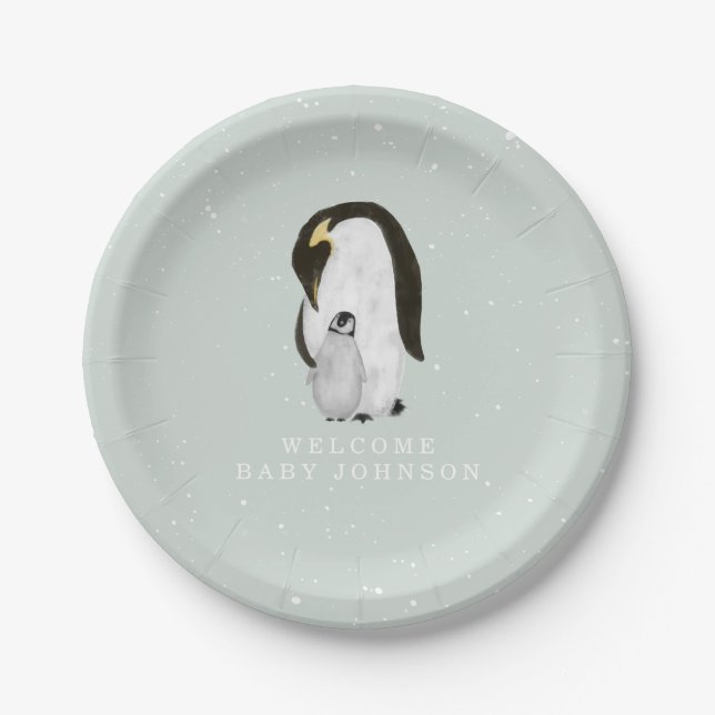 Mama und Baby Penguins Blue Winter Baby Dusche Pappteller (Vorderseite)