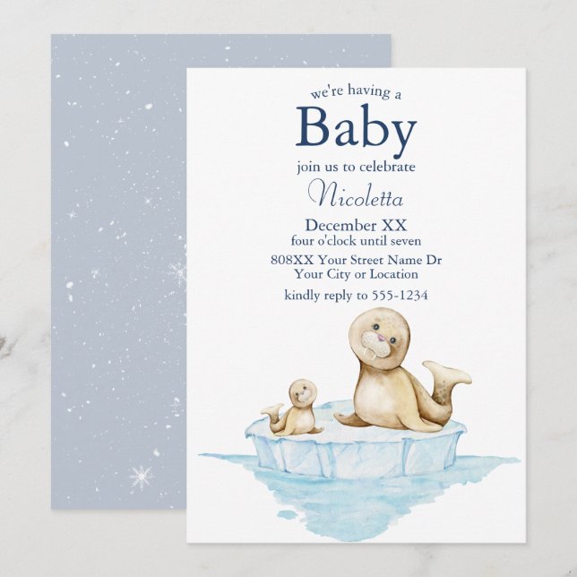 Mama und Baby Siegel Pup on Ice Einladung (Vorne/Hinten)