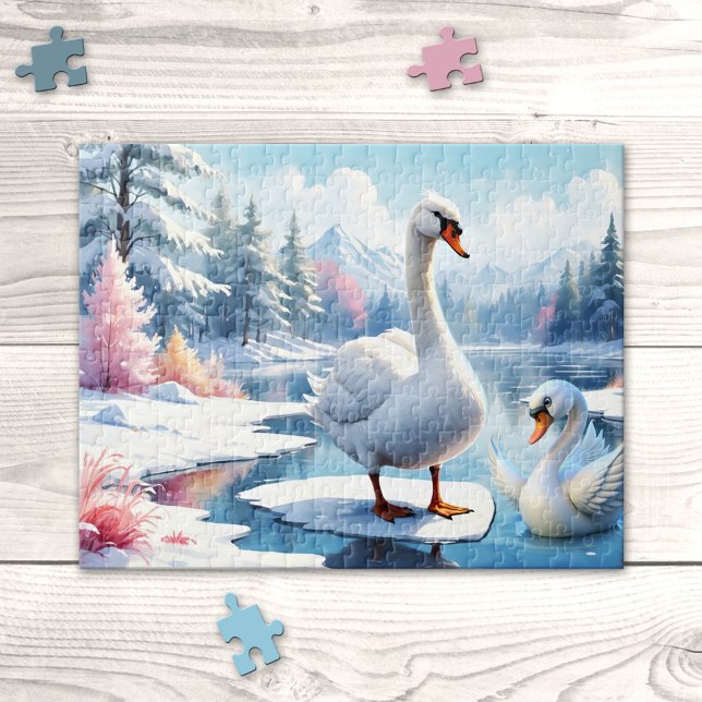 Mama und Baby Swan Winter Puzzle (Lovely puzzle featuring a mom and baby swan in a winter wonderland scene - Christmas - animals)