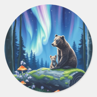 Mama und Babybär und die Nordlichter Runder Aufkleber