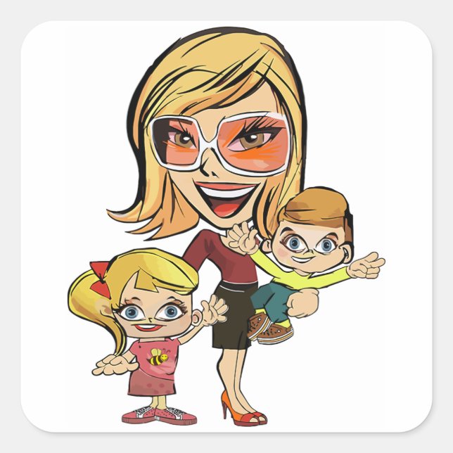 Mama und Kinder Quadratischer Aufkleber (Vorderseite)