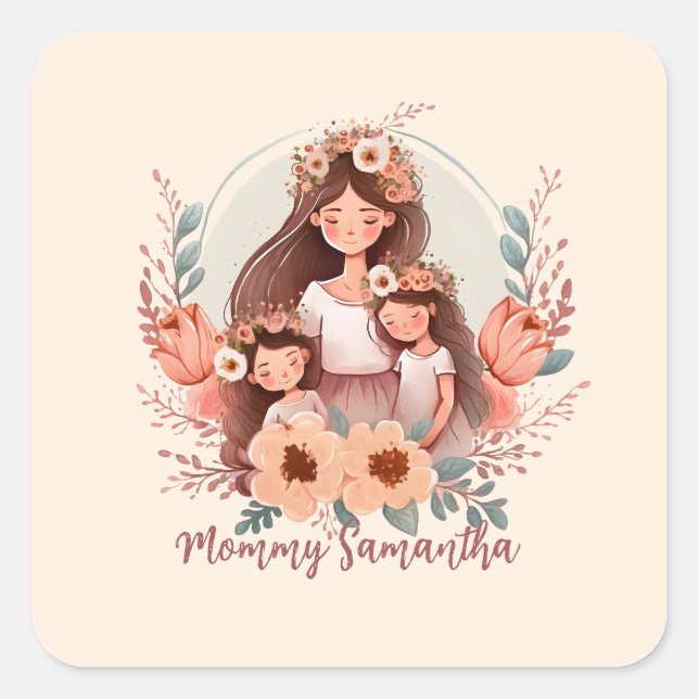 Mama und Töchter mit floralem Hintergrund Quadratischer Aufkleber (Vorderseite)