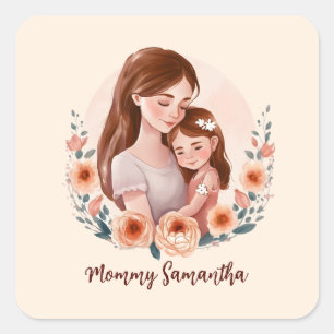 Mama und Tochter mit Rose Kranz Quadratischer Aufkleber