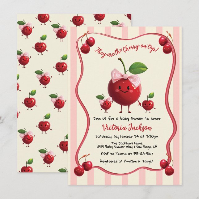 Mama und Zwillingsjunge Mädchen Baby Cherry Baby S Einladung (Vorne/Hinten)
