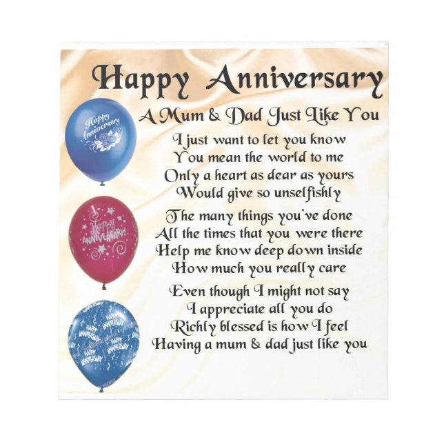 Mama & Vater Gedicht - Happy Anniversary - Cream Notizblock (Vorderseite)
