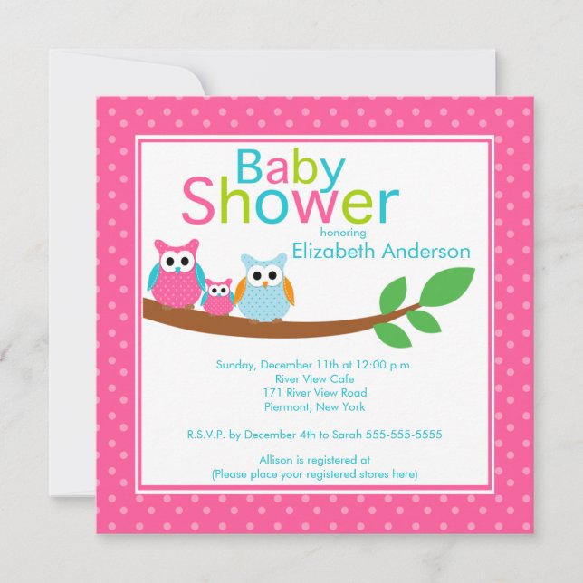 Mama & Vater mit Baby Owl Girl Babydusche Einladung (Vorderseite)