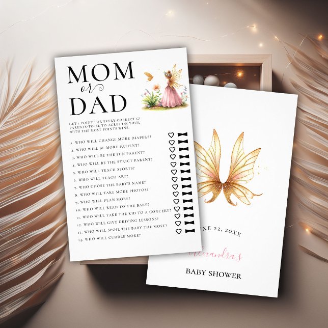 Mama Vater Raten Sie, wer Baby Dusche Spiel Famili Flyer (baby shower game mom dad fairy princess enchanted garden watercolor pink gold cute adorable)