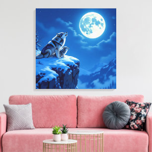 Mama Wolf und ihr Cub Howling auf dem Mond Leinwanddruck