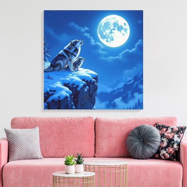 Mama Wolf und ihr Cub Howling auf dem Mond Leinwanddruck (Insitu (Wohnzimmer))