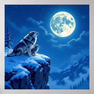 Mama Wolf und ihr Cub Howling auf dem Mond Poster