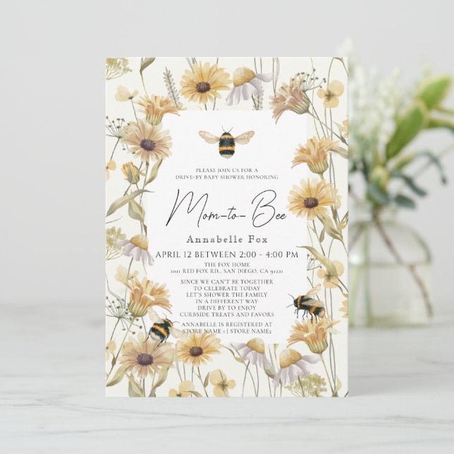 Mama zu Bee Chamomile Daisies Drive-by-Baby-Dusche Einladung (Stehend Vorderseite)