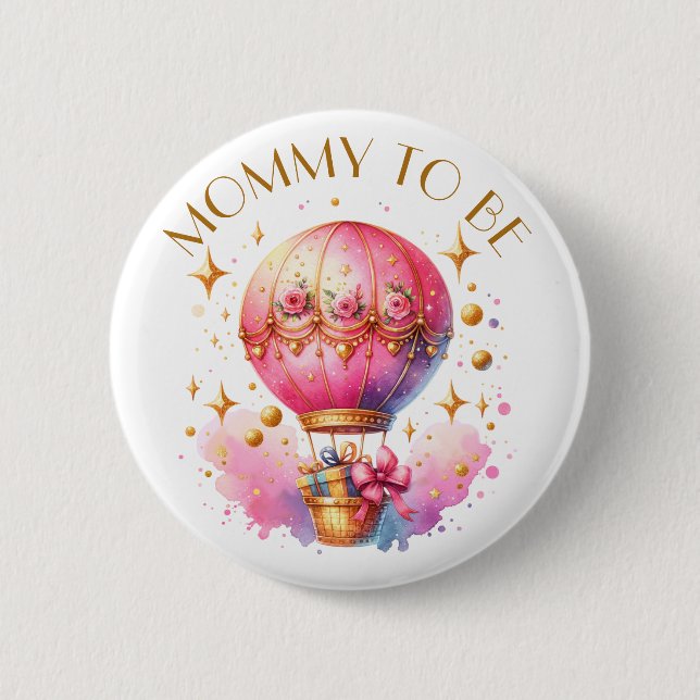 Mama zu Pink Gold Hot Air Balloons Baby Showdusche Button (Vorderseite)