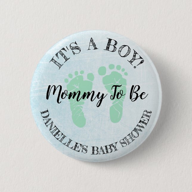 Mama zum Blau und Grüne Fußabdrücke Kinderdusche Button (Vorderseite)