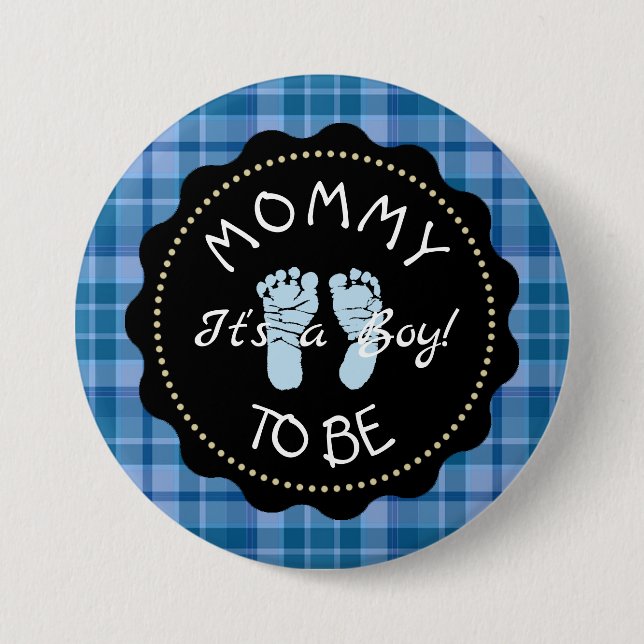 Mama zum Blue Kariert Baby Duschknopf Button (Vorderseite)