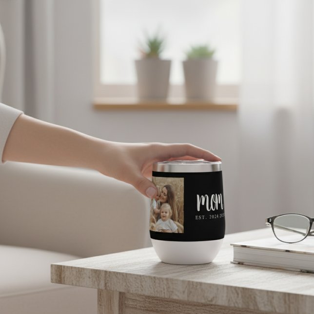 Maman Etabli Script Photo Noire (modern script mom custom established dates with photo for mother's day or christmas gift for new mom)