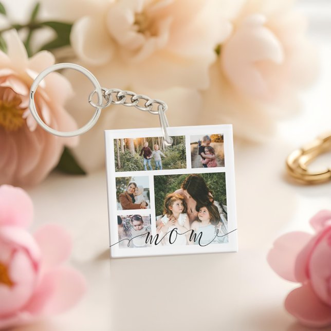 Maman Famille Photo Collage de messages spéciaux (Mom Family Photo Collage Special Message Keepsake Keychain)