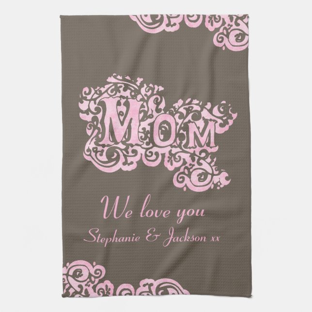 Maman nous t'aimons rose & brun serviette de cuisi (Vertical)