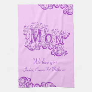 Maman nous vous aimons serviette de cuisine mauve