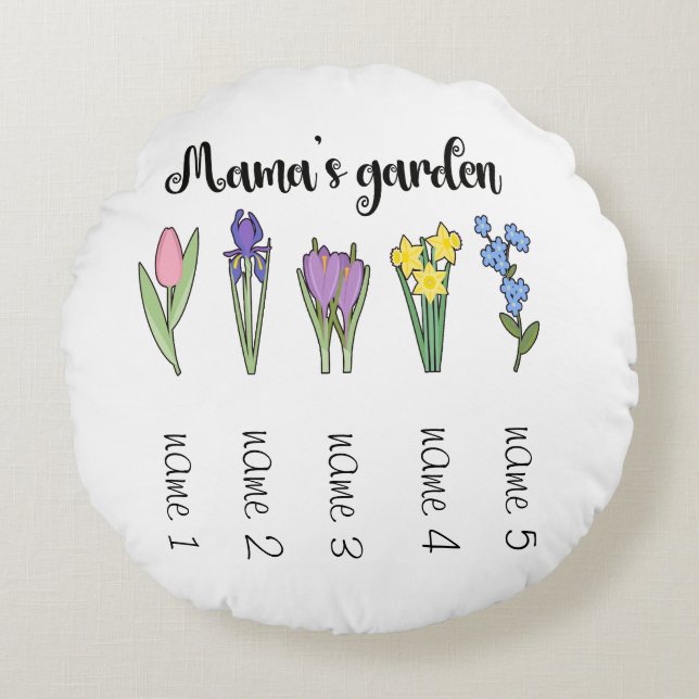 Mamas Blumengarten mit 5 personalisierten Namen Rundes Kissen (Vorderseite)