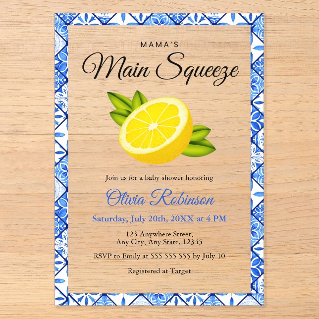 Mama's Haupt Squeeze Blue Tile Lemon Baby Dusche Acryleinladungen (Vorderseite)