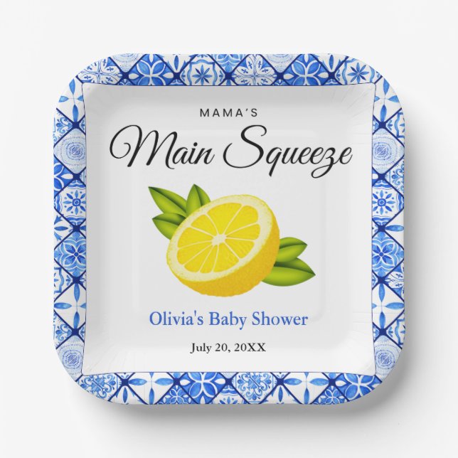 Mama's Haupt Squeeze Blue Tile Lemon Baby Dusche Pappteller (Vorderseite)