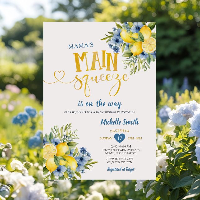 Mama's Haupt Squeeze Lemon Blue Floral Baby Dusche Einladung (Von Creator hochgeladen)
