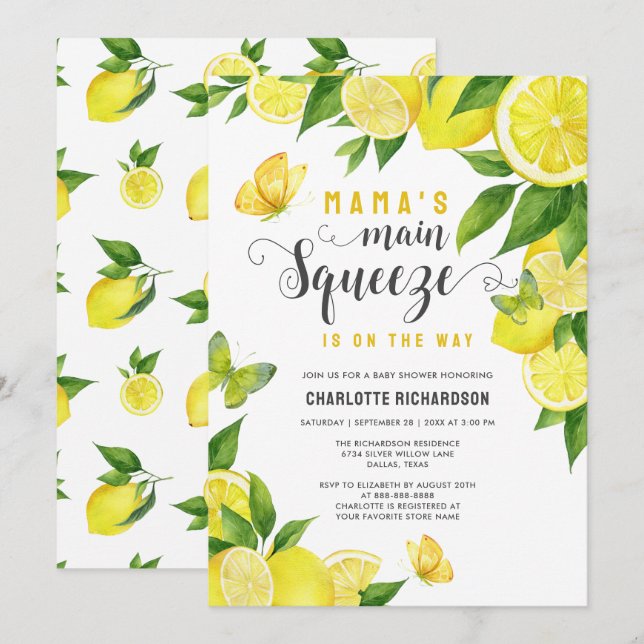 Mama's Haupt Squeeze Lemon Butterfly Babydusche Einladung (Vorne/Hinten)