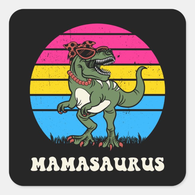 Mamasaurus Funny Dinosaur auf Pansexual Flag Sunse Quadratischer Aufkleber (Vorderseite)