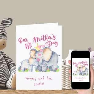 Mami and Baby Elephant Pink 1. Mütter Tageskarte Feiertagskarte
